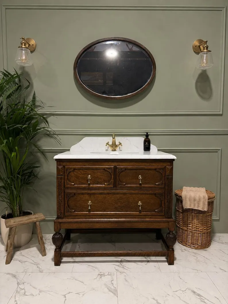 Bathroom Vanity Unit, Antique Oak Washstand Cabinet, Luxury Freestanding Vanity, Made to Order