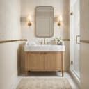 White Oak Wood Bathroom Vanity with Carrara White Marble Sink | Custom Luxury Handmade Single Sink Vanity for Powder Room