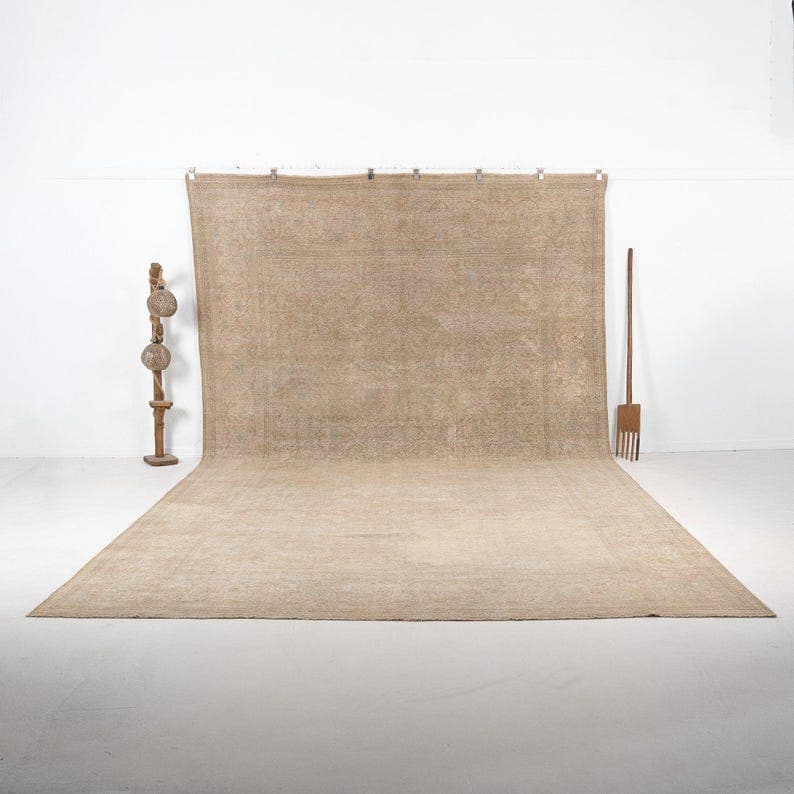Antique Oushak Rug 9x16, Vintage Wool | Hand-knotted Beige Neutral 1925, Farmhouse Decor for Living room, Dining room, 9'5" x 16'2"