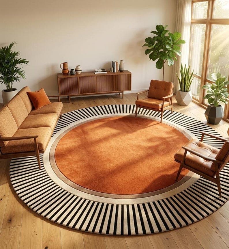 Round Sunburst Rug Terracotta Area Rug Mid Century Modern Black White Stripe Carpet Boho Living Room Custom Wool Rug Circle Floor Art