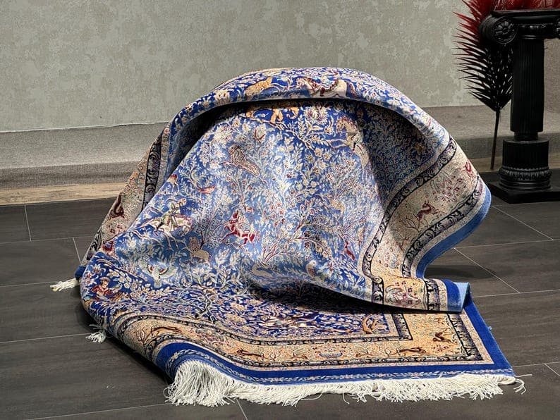 Blue Bamboo Silk Rug 3x5: Animal Patterned Style Small Carpet