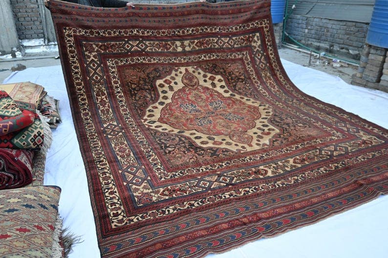 10x12 Antique Rug, Terracotta Distressed Rug, Handmade Wool Rug, Geometric Rug, Low pile faded rug, Tribal Rug, Living Room, Bedroom Rug