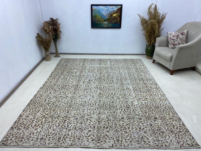 6.7x10.1 ft, Vintage Turkish Oushak Rug, Hand Knotted Wool Area Rug, Living Room Carpet