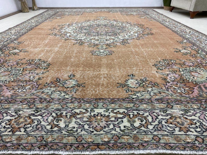 6.9x10.3 ft, Vintage Oushak Wool Rug, Multicolor Turkish Area Rug, Unique Living Room Carpet