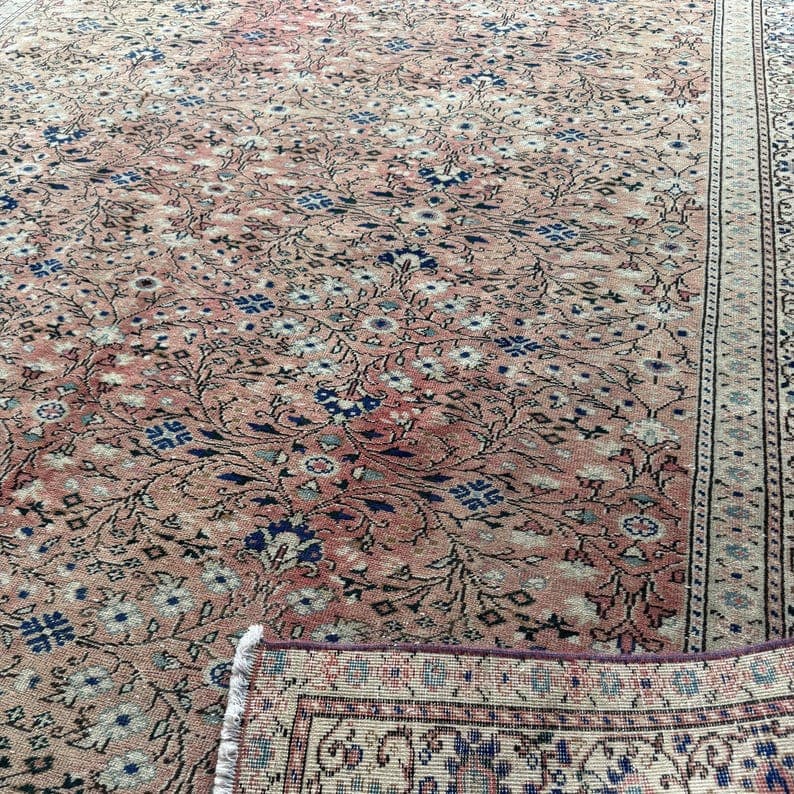 6x9 Faded Blush Blue Turkish Rug, Beige Floral Wool Vintage Oriental Area Carpet