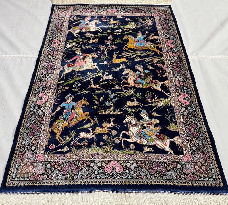3x4ft. Hunting Navy Blue Silk Rug, Top Quality Turkish Bamboo Silk Rug, Living Room Rug, Bedroom Rug, Pictorial Oriental Rug 2’8x4