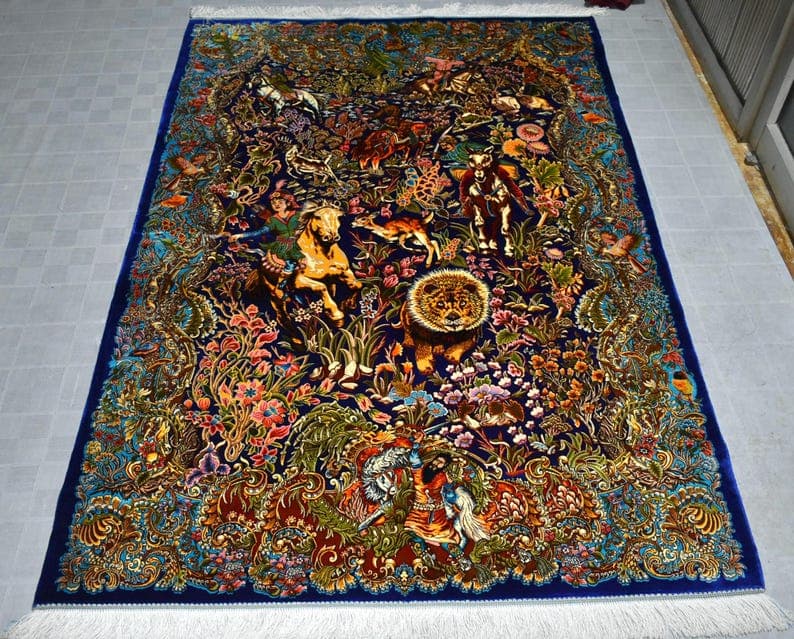 4x6 ft. Silk Animal Pattern Navy Blue Rug, Luxury Turkish Silk Carpet, Bamboo Silk Living Room Carpet, Bedroom Decor, Oriental Rug 3'11x5'10
