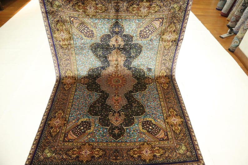 4x6 Blue Bamboo Silk Rug - Oriental Floral Design Area Rug