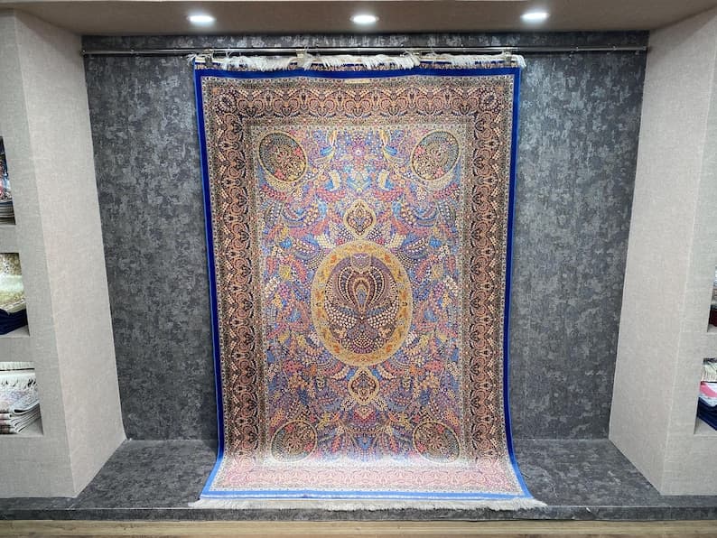 Multicolor Bamboo Silk Rug, Turkish 5x8 Carpet