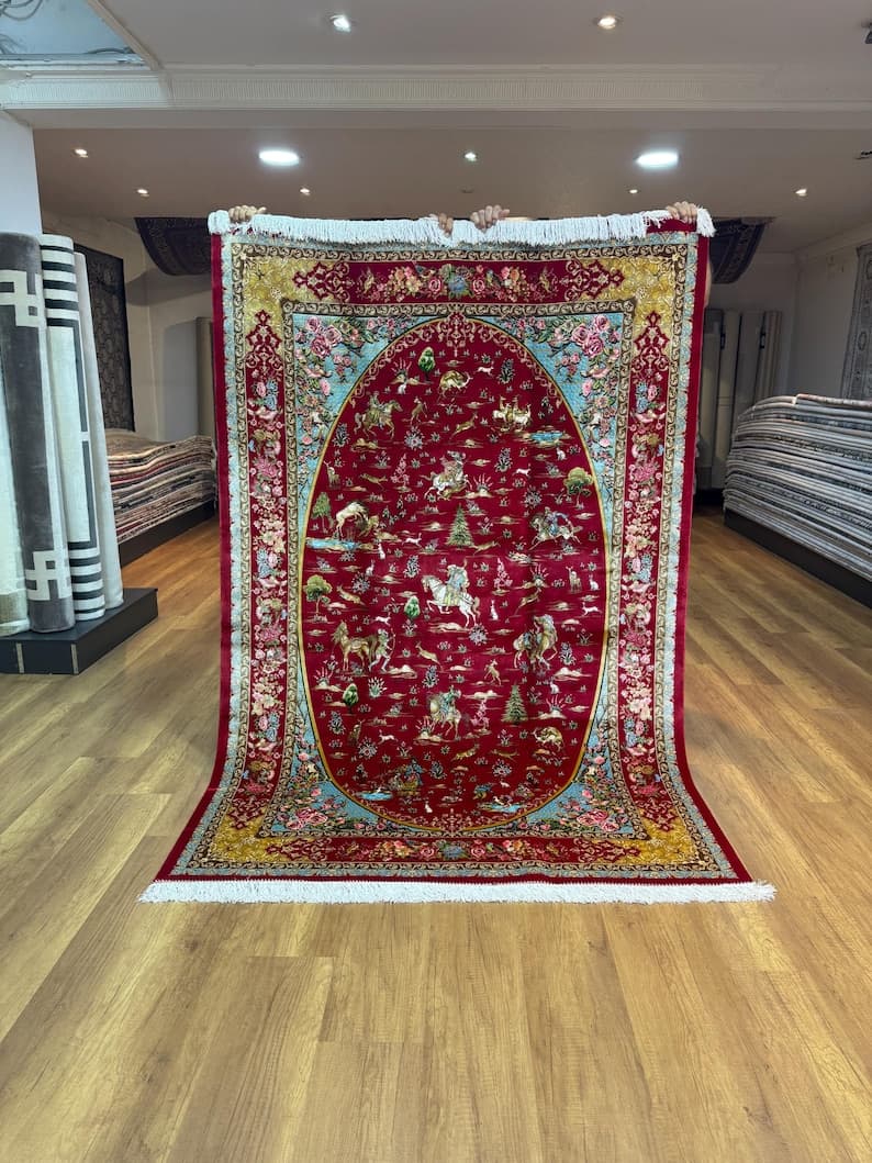 Red Bamboo Silk Rug, Animal Design, Turkish Style (5x8)