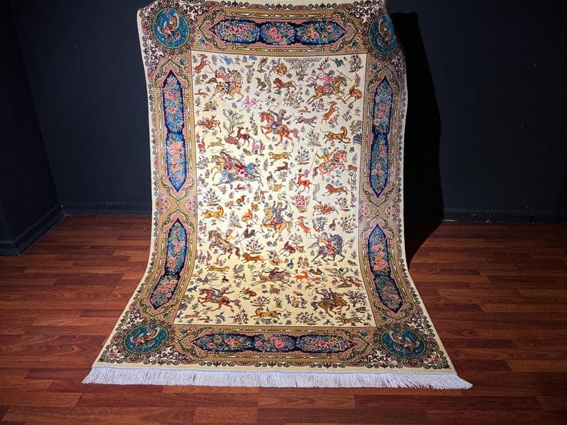 5x8 ft Hunting Scene Modal Silk Rug – Turkish Figurative Art Rug, Luxury Decorative Accent Carpet