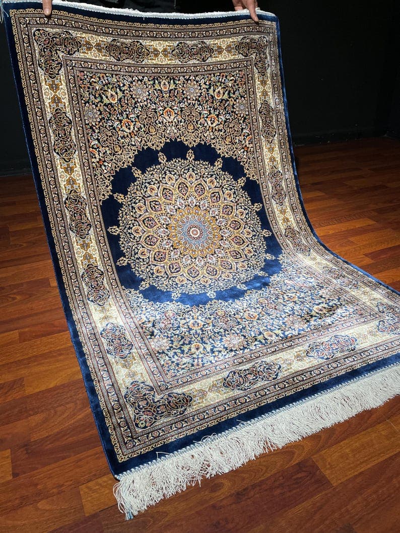 3x5 ft Navy Blue Modal Silk Rug – Turkish Luxury Medallion Accent Rug, 150 Combs Decorative Carpet