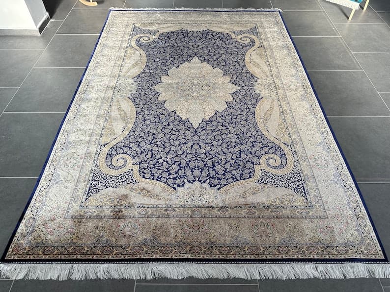 Ivory Blue Persian Silk Rug: 6.56x9.84 ft. Bamboo Palace Carpet