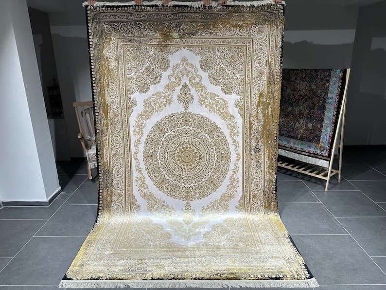 Gold Bamboo Silk Rug: Oriental Turkish Carpet (6.56x9.84 ft)
