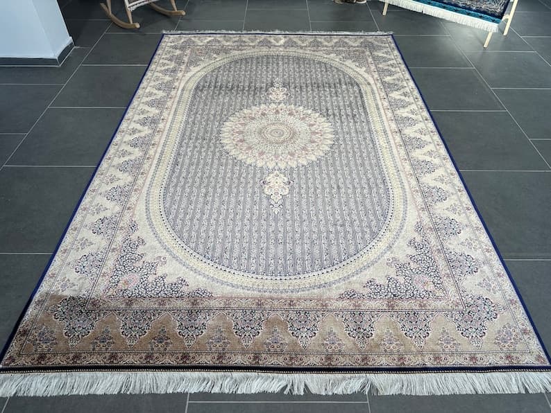 Handmade Navy Ivory Silk Rug: Persian Palace Carpet 6.56 x 9.84 ft