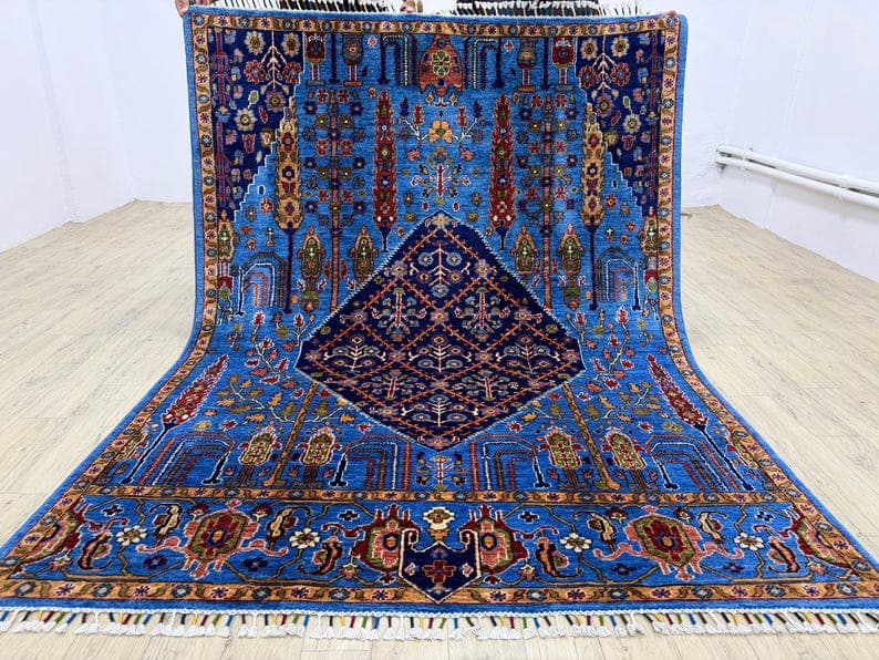 Blue 5x7 Ft Tree Area Rug / Hand Knotted Afghan Oriental Wool Rug / Rug For Living Room / Medallion Wool Rug / Veg Dyes Sheep Wool Rug 5x7