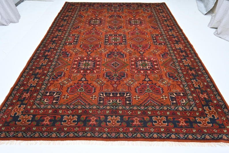 7x10 Large Rug, Terracotta Orange Afghan Rug, Hand-Knotted Wool Rug, High Pile Oriental Rug, Tribal Rust Rug, Living Room Rug, Bedroom Rug