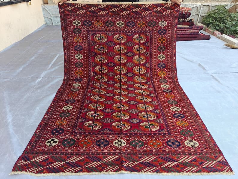 Hand-spun Wool Turkmen Rug, Geometric Design, Red Vegetable-Dyed, 6.6x4.5 Ft