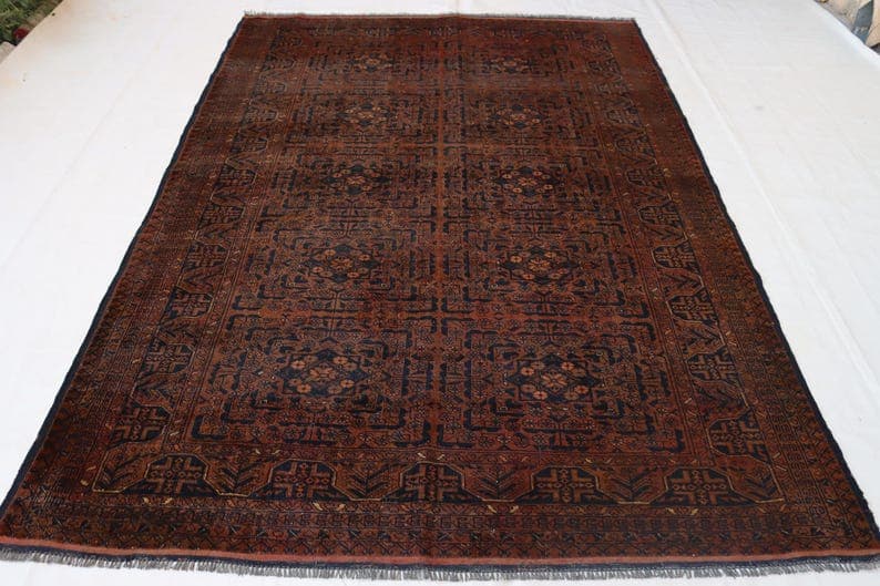 Vintage Afghan Turkmen Hand-Knotted Wool Rug, 6.36x9.25 ft, Low Pile Area Rug