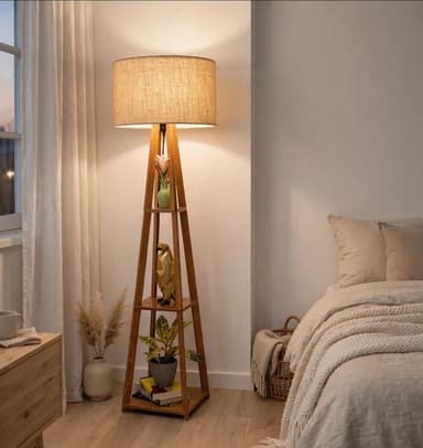 Mid Century Modern Floor Lamp with Shelves, Wood Tripod Shelf Floor Lamp with Linen Shade, Corner Plant Stand Lamp for Bedroom Living Room