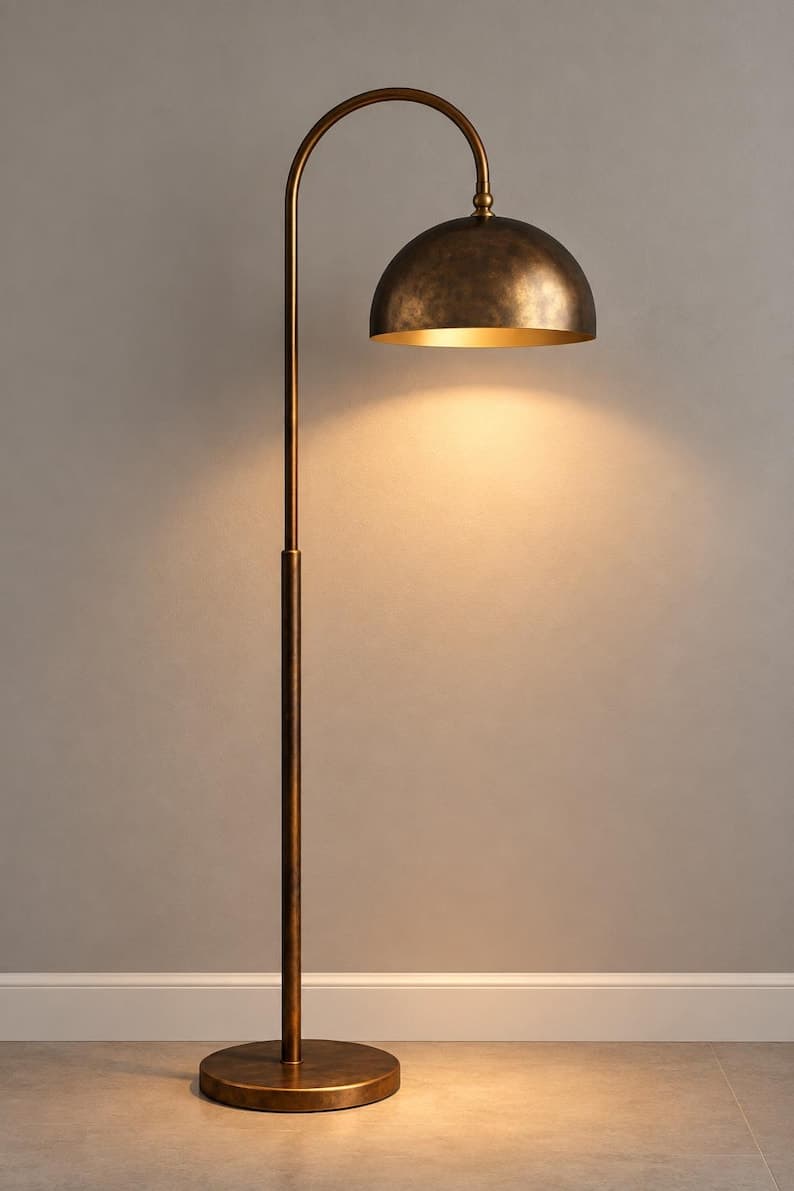 Arched Floor Lamp | Mid Century Modern Gold Dome Light | Vintage Standing Lamp | Stylish Living Room Lighting | Reading Floor Lamp