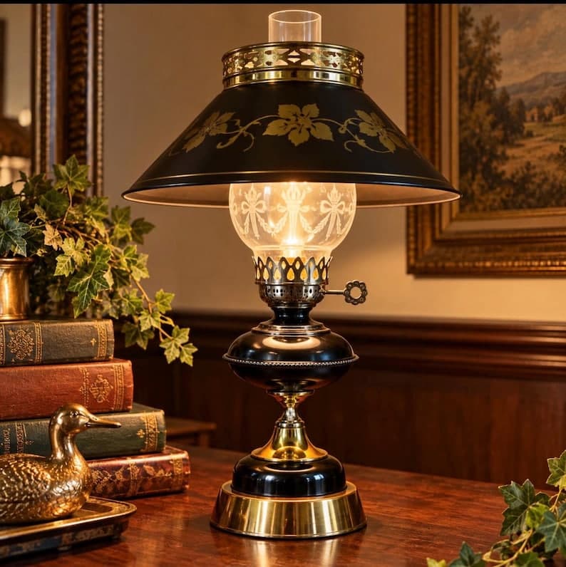 Vintage Hitchcock Style Table Lamp Black & Brass Etched Glass Hurricane Lamp Colonial Federal Decor