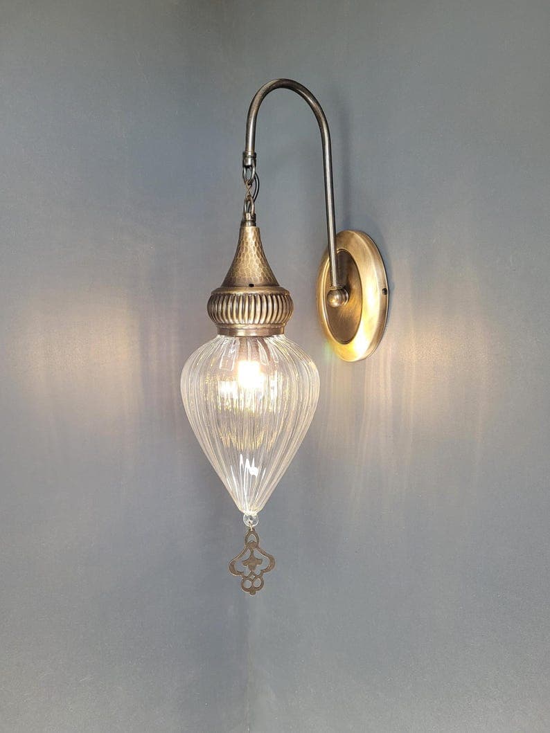 Free UK/EU Led Bulb, Stunning Ribbed Clear Glass Round Wall Sconce Lamp, Living Room Wall Light, Entryway Lamp, Plug In Wall Light 6.5 Feet
