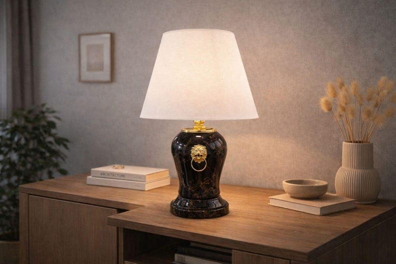 Luxury Black Ceramic Table Lamp with White Shade – Elegant Bedside Lamp, Modern Classic Bedroom Decor, Luxury Home Lighting