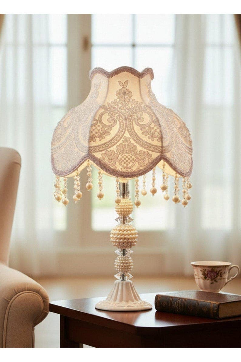 Handmade Pearl Table Lamp, White Velvet French Lace Lampshade, Vintage Elegant Decor
