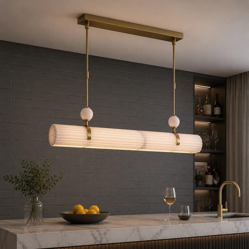 Linear Alabaster Pendant Light, Brass Kitchen Island Chandelier, Natural Stone Fixture