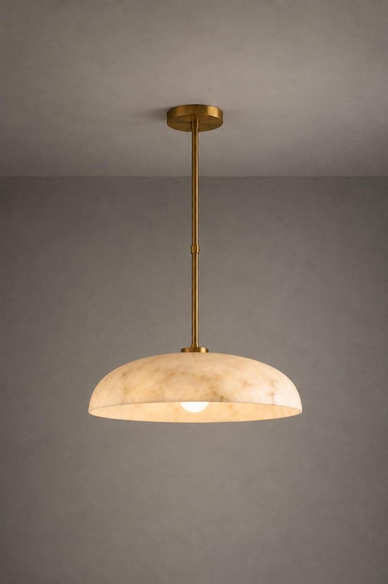 Handcrafted Alabaster Dome Pendant Light, Solid Brass, Modern Kitchen Island Lighting