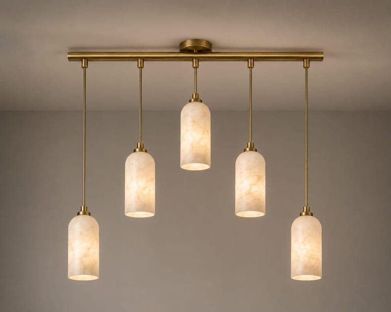 5-Light Alabaster Pendant Chandelier, Brass Ceiling, Modern Marble Pendant Light