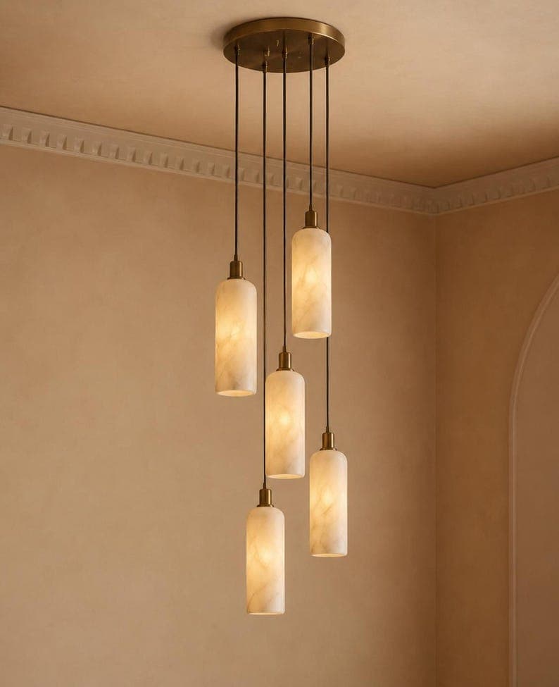 Modern Alabaster Pendant Light Multi Light Chandelier, Marble Stone Cluster Ceiling Lamp, Antique Brass Hanging Light for Kitchen Island