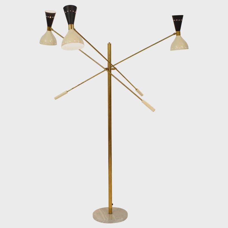 Mid-Century Stilnovo-Style Italian Diabolo Tripod Floor Lamp, Elegant Three-Arm Brass Floor Light with Sculptural Vintage Design