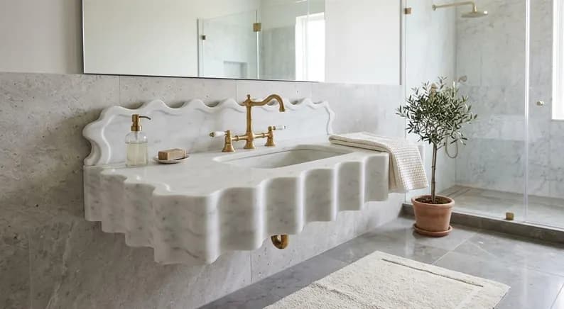 Carrara Marble Sink, Hand Carved Vanity, Wall Mounted Natural Stone Basin