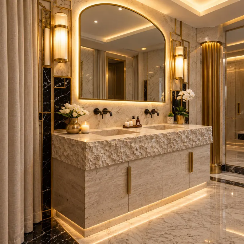 Travertine Double Sink Vanity, Raw Edge Stone Bathroom Vanity, Handmade Wood Cabinet, Luxury Floating Vanity, Custom Bathroom Decor