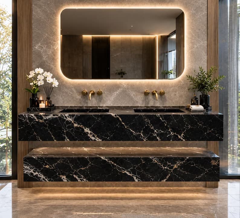 72-inch Black Marble Double Sink Vanity – Modern Floating Bathroom Cabinet