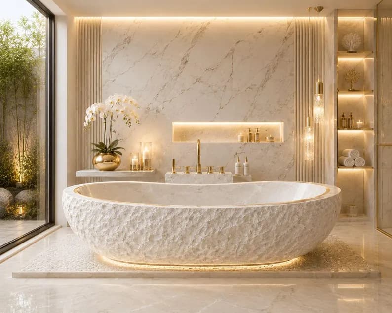 Cream Marble Bathtub, Textured Ivory Stone Freestanding Soaking Tub, Beige Limestone Spa Bathroom Fixture, Hand Carved to Order