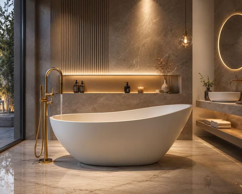 Modern Freestanding Bathtub, White Resin Stone Soaking Tub, Oval Minimalist Bathroom Bath Tub, Luxury Spa Soaker