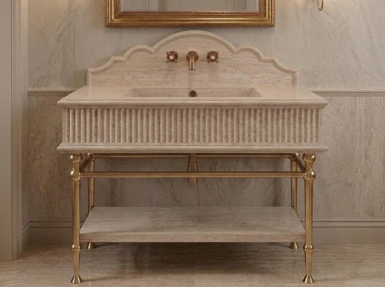 Handcrafted Travertine Vanity Sink, Fluted Apron, Scalloped Backsplash, Brass Stand