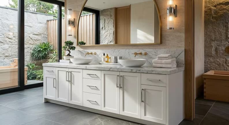 Custom Double Vanity Cabinet, Carrara Marble Top, Solid Maple Wood, White Bathroom Vanity 72 Inch, Handmade Luxury Vanity with Mirror