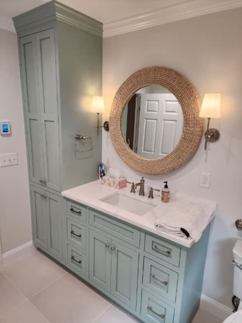 72" Soft Maple Bathroom Vanity, Single Sink with Linen Tower, Custom Handmade Solid Wood