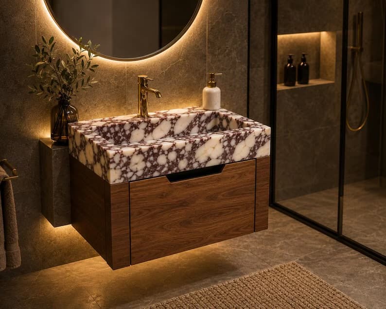 Calacatta Viola Marble Floating Vanity, Walnut Cabinet, Wall-Mounted Sink (18.8"W x 24"L)
