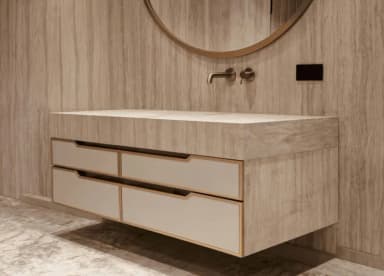 Handmade Travertine Floating Vanity | Modern Stone Bathroom Cabinet with Integrated Sink (Custom Sizes)