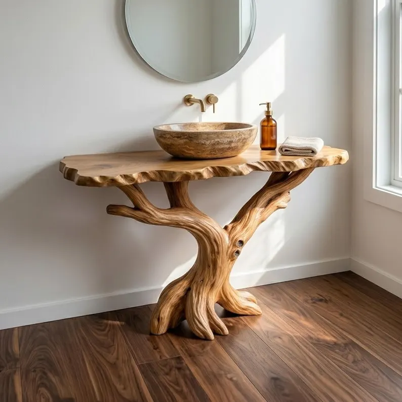 Live edge bathroom vanity table unique solid wood floating narrow side table decor bathroom