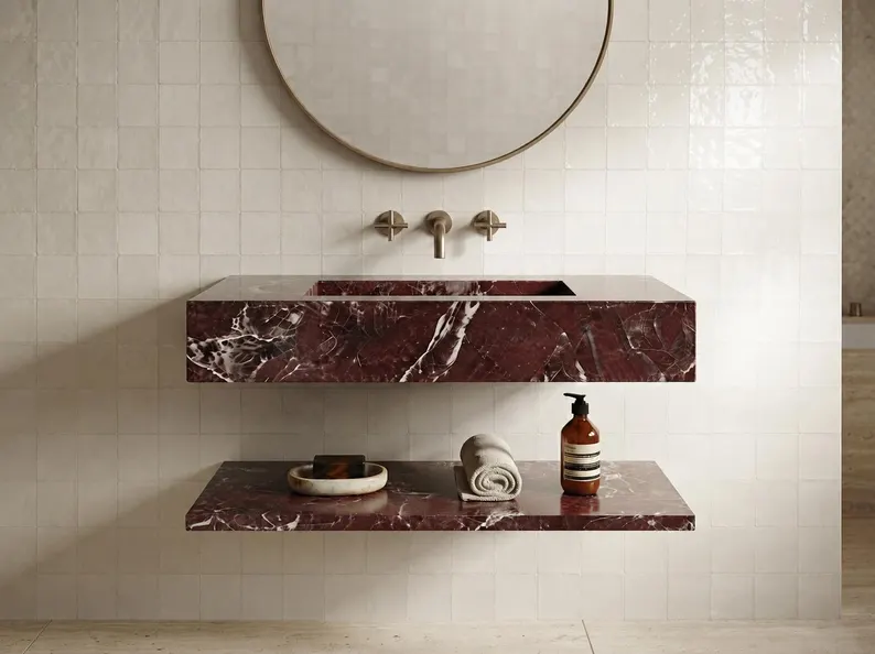 Rosso Levanto Marble Floating Sink with Shelf – Luxury Wall Mounted Bathroom Vanity