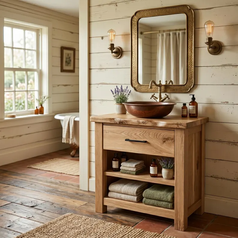 Rustic Bathroom Vanity: Solid Oak Nightstand with Drawer and Open Shelves