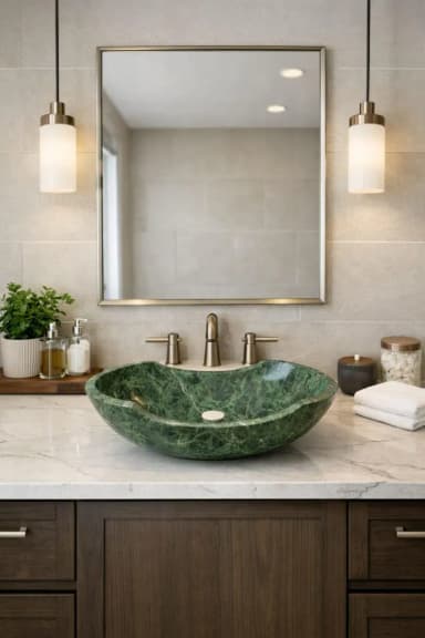 Hand Carved Green Marble Vessel Sink | Natural Stone Basin, Farmhouse Vanity Bowl