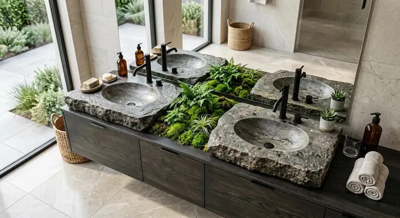 Live Edge Stone Double Vanity, Solid Wood Bathroom Vanity, Natural Stone Sink Cabinet, Custom Luxury Vanity with Faucet, Made to Order