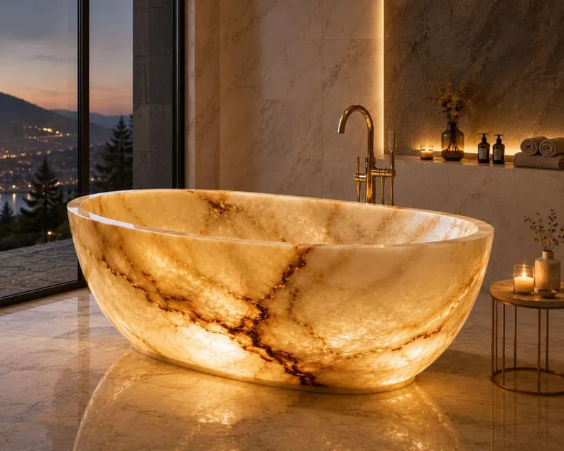 Natural Onyx Stone Bathtub, Backlit Freestanding Marble Soaking Tub, Luxury Handcrafted Bathroom Fixture, Custom Made to Order